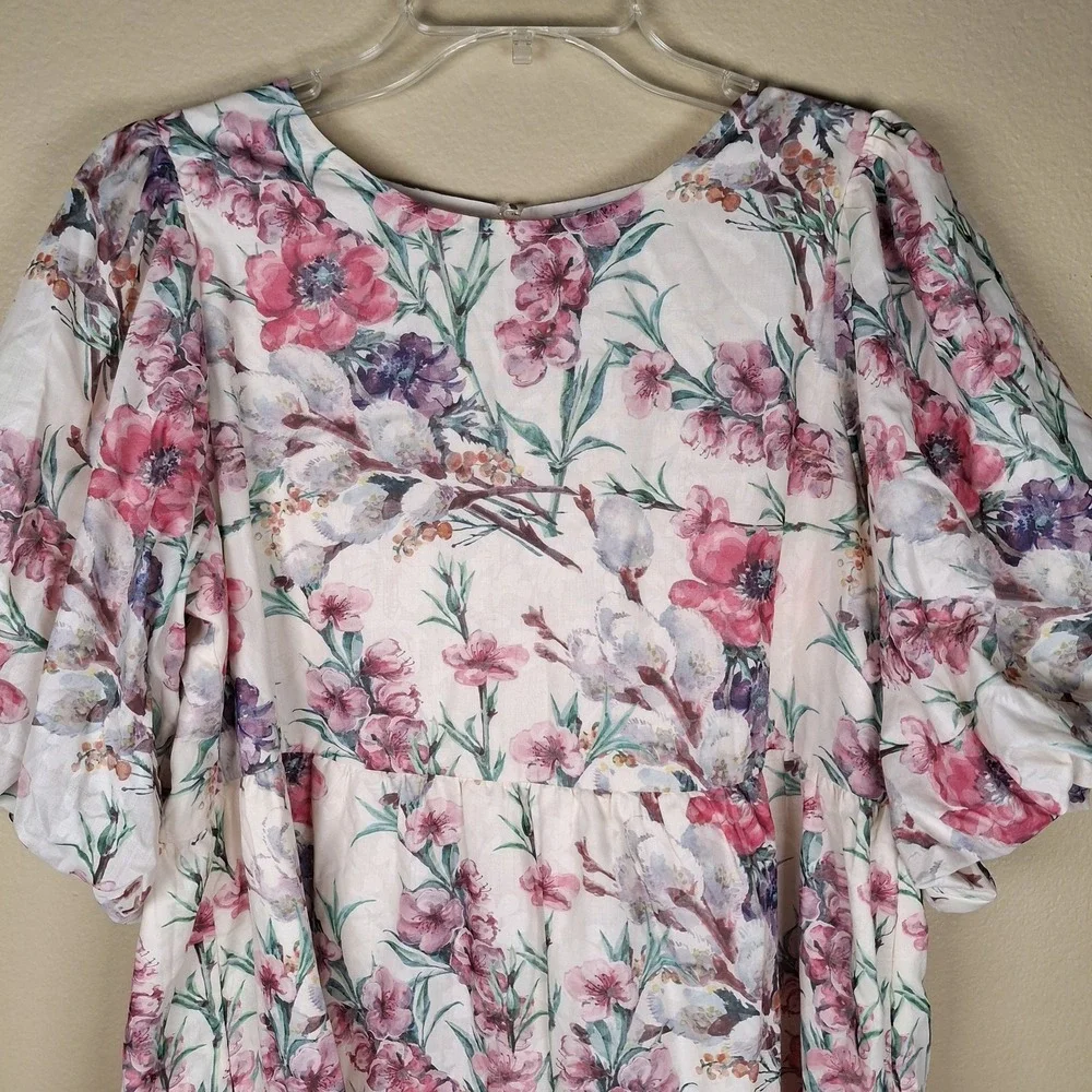 Polagram Women's‎ Large Midi Dress Lavender Floral Farmhouse Cottage Puff Sleeve